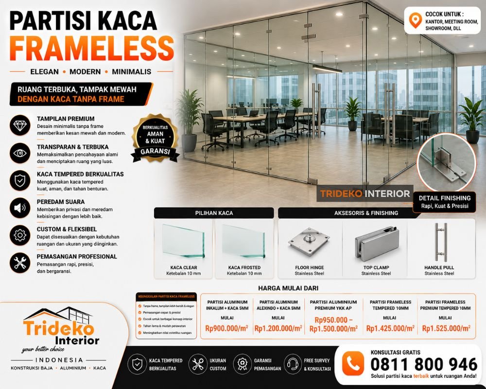 Partisi Kaca Frameless Kantor Modern