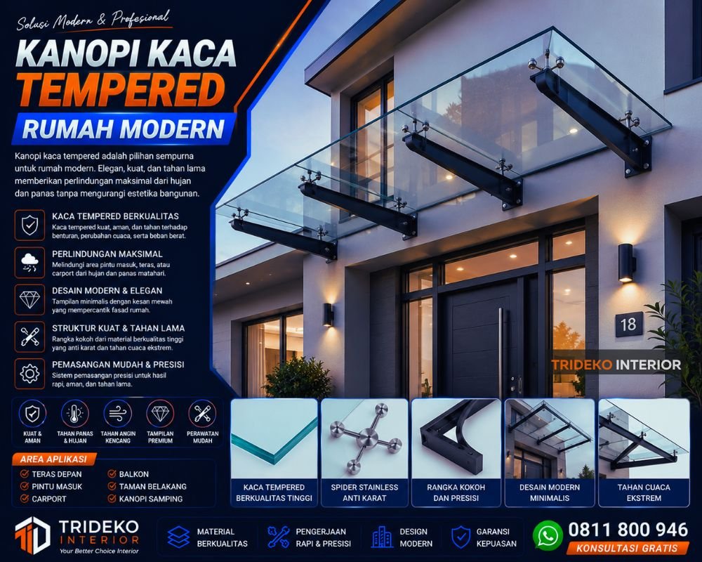 Kanopi kaca tempered rumah modern dengan rangka besi hollow finishing powder coating