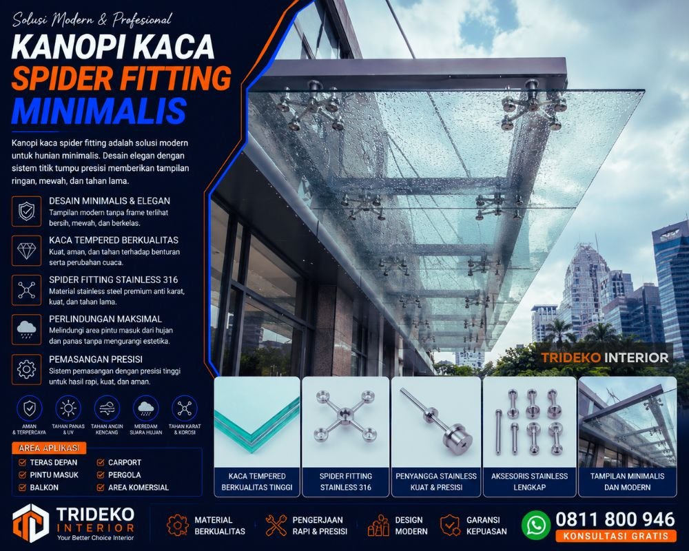 Kanopi kaca spider fitting stainless steel untuk fasad dan teras bangunan