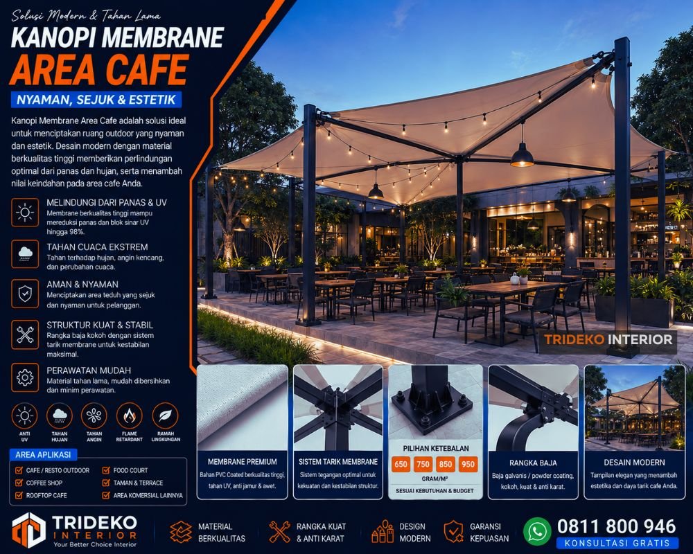 Kanopi membrane tensile untuk area cafe outdoor modern