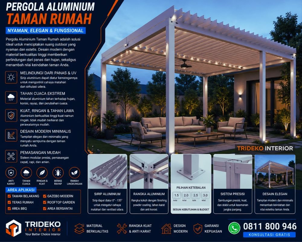 Pergola aluminium modern untuk taman rumah dan area santai